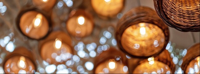 Multiple rattan pendant lights hanging from the ceiling, each light made with natural fiber and woven into intricate patterns. The background is blurred to focus on the detailed craftsmanship.