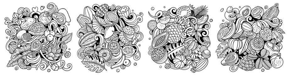 Exotic fruits cartoon vector doodle designs set. Sketchy detailed compositions with lot of nature food objects and symbols banner.