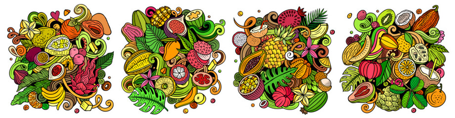 Exotic fruits cartoon vector doodle designs set. Colorful detailed compositions with lot of nature food objects and symbols banner.