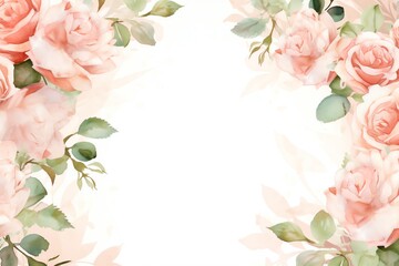 Fototapeta premium An elegant and sophisticated watercolor painting of pink roses and green leaves. The perfect backdrop for a wedding invitation, save-the-date card, or any other special occasion.