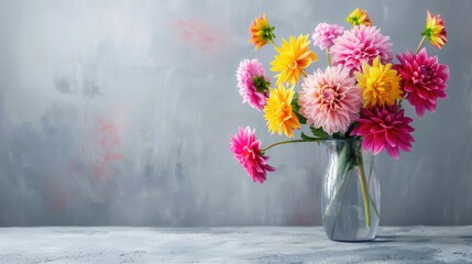 Beautiful dahlia flowers in vase on table against gray background. Space for text,Flowers dahlia in a white vase on agray light background