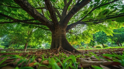 Fototapeta premium A nature scene capturing the essence of autumn with a green tree in a park, highlighted by the shining morning light and enveloped in mist