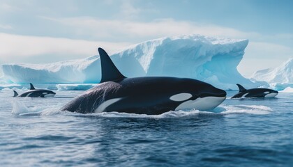 Fototapeta premium Groups of Orcas or killer whales swim and hunt for prey, the top of the food chain in a sea of ​​ice floes
