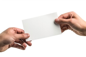 Obraz premium Closeup of hands passing a piece of paper with information, isolated on white background, ideal for sharing and distribution themes