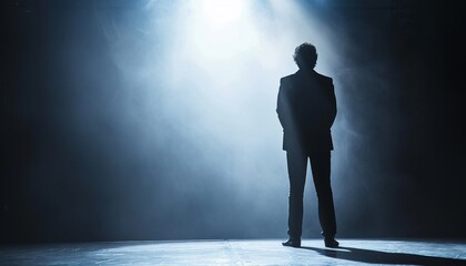 Fototapeta premium Celebrity on stage with a spotlight, seen from behind, isolated on white background, ideal for performance and entertainment themes