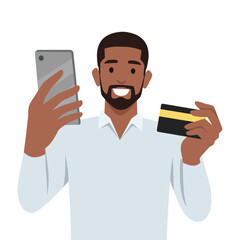 Smiling man holds smart phone and credit card. Flat vector illustration isolated on white background