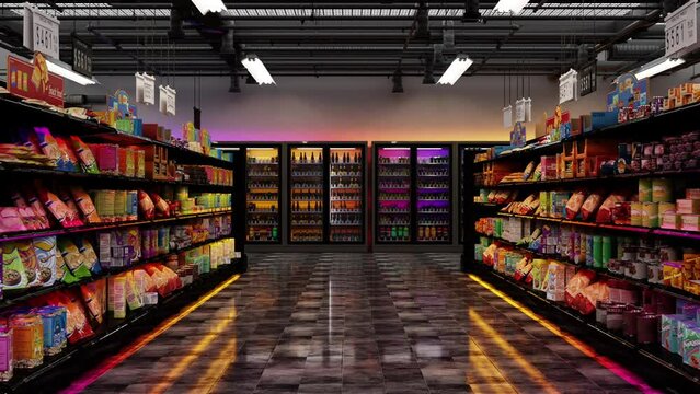 Grocery store interior with shelves of goods. 3d animation