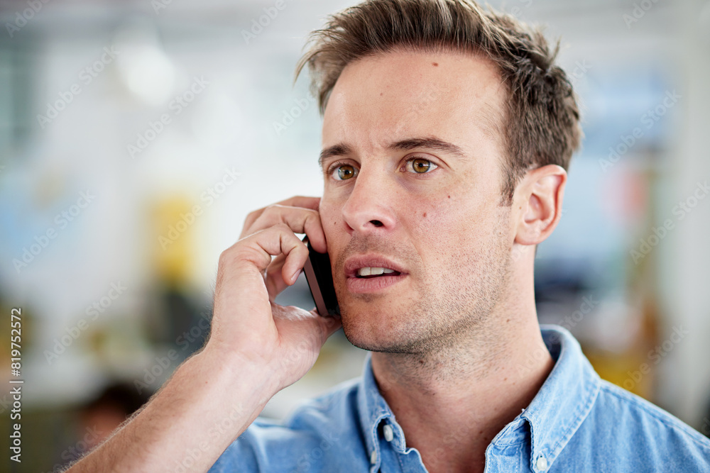 Poster Phone call, man and conversation for communication, connection and networking on smartphone. Male person, technology and talking while thinking for response, reply and private discussion on cell