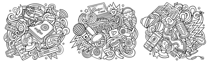 Audio content cartoon vector doodle designs set. Sketchy detailed compositions with lot of media objects and symbols. Isolated on white illustrations