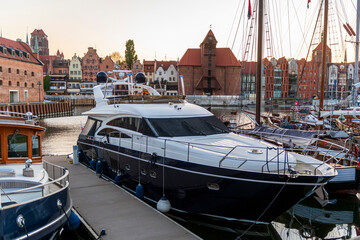 Luxury super yacht moored in Gdansk old city. Motor yacht. Beautiful view of Gdansk, Poland.