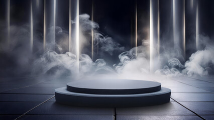 A podium in a dark room with smoke background and fog with a spotlight light. - Powered by Adobe