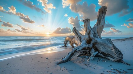 A majestic piece of driftwood rests on the sandy beach under the colorful sunset sky, creating a beautiful natural landscape art piece with the surrounding clouds, water, and trees AIG50