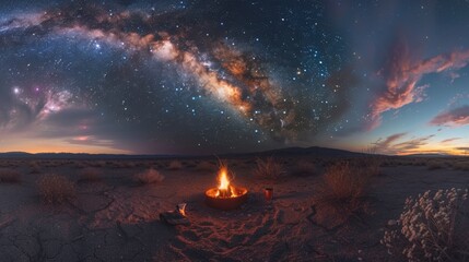 Night camping under the stars in the Mojave Desert, campfire, peaceful and vast starry sky,
