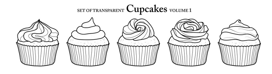 Cupcakes in black outline and white plane on transparent background. Set of isolated dessert illustration in hand drawn style. Food elements for coloring book, sticker or design. Volume 1.