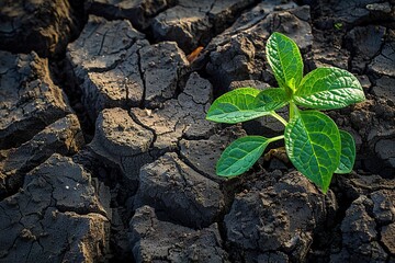Green plant emerges from dry, cracked earth, impact of CO2 absorption on the environment.