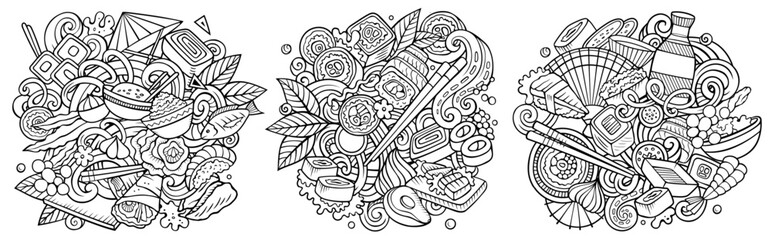 Cartoon vector Sushi doodle illustration features a variety of Japanese Cuisine objects and symbols. Sketchy whimsical funny picture.