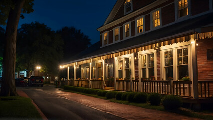 Fototapeta premium A charming restaurant with illuminated string lights, offering a welcoming atmosphere at night on a peaceful tree-lined street