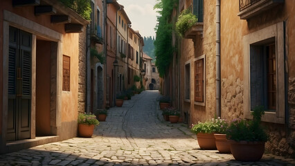 A charming and serene European alleyway bathed in sunlight, lined with historic buildings and potted plants