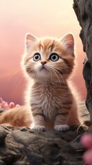 A cute kitten is sitting on a rock, looking up at the sky with its big, round eyes. The sun is setting in the background, casting a warm glow over the scene