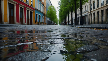 A wet cobblestone street after rain, reflecting the facades of colorful buildings, offers a low angle urban perspective