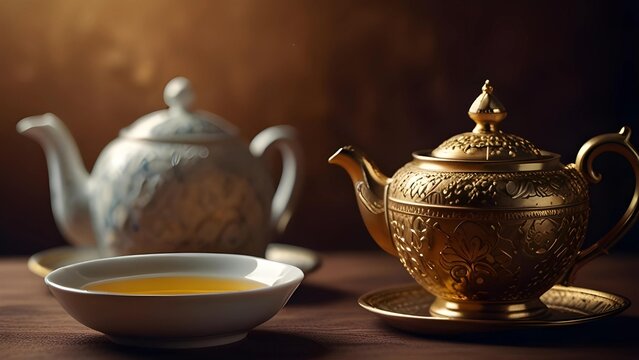 international tea day with a royal cup of hot tea and kattle of tea behind it luxrious background