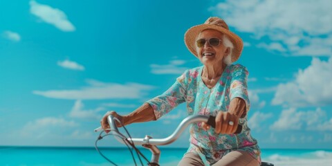 Naklejka premium An elderly lady takes a bike ride on the coast. Generative AI.