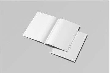 Blank opened and covered A4 bifold brochure mock-up High angle view  with a soft grey background