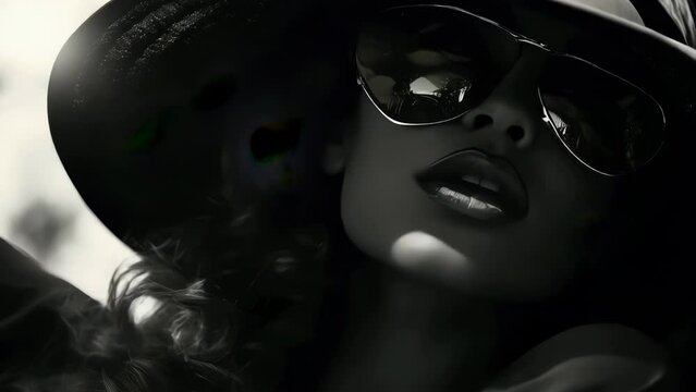 A woman wearing a black hat and sunglasses. The woman has long hair and is wearing a black dress