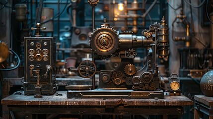 Editorial photo spread of vintage mechanical gadgets in a rustic setting, emphasizing the contrast between old technology and modern aesthetics