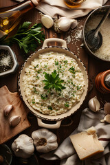 Overhead View of A Deliciously Prepared Risotto with its Essential Ingredients Around
