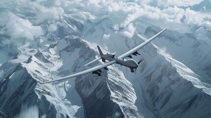 A white combat drone flies over a snow-covered mountain range. The mountains are covered with snow...