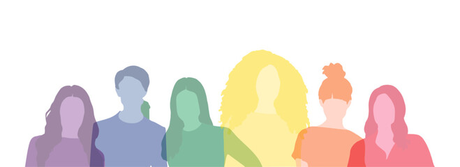 Group of beautiful women silhouette vector, rainbow colors woman standing together abstract illustration