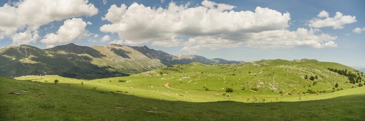 Obraz premium Aerial panoramic view of lush green meadows in Gran Sasso d'Italia on a sunny day