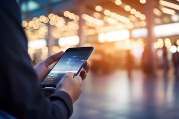 closeup of hand and smart phone, woman typing message on smart phone, shopping center background