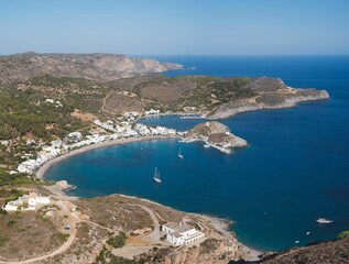 Aerial view of the beautiful sunny rocky shoreline of Kythera Island