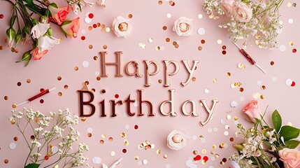 Happy Birthday in chic, rose gold letters on a blush pink background, adorned with elegant floral arrangements and confetti