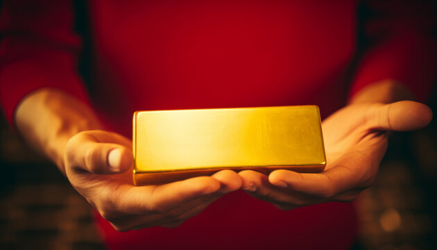 The photo shows a person holding a gold bar in their hands.