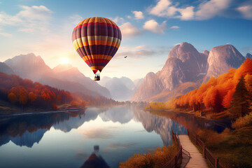 hot air balloon flying over a mountain with a beautiful lake landscape