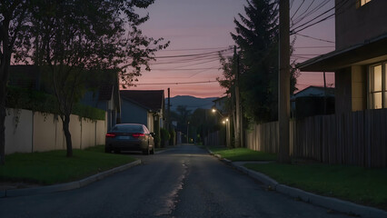 A calming suburban scene as twilight sets in, capturing the peaceful transition from day to night