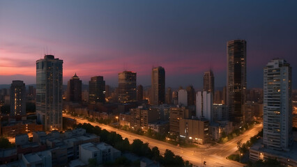 Obraz premium A stunning view of a cityscape under a twilight sky, showcasing the contrast between urban structures and the vibrant colors of sunset