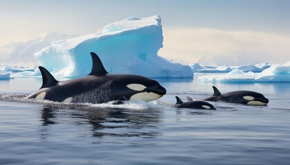 Groups of Orcas or killer whales swim and hunt for prey, the top of the food chain in a sea of ​​ice floes