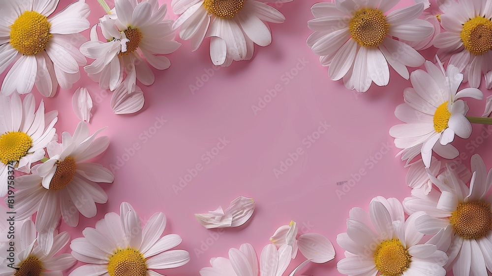 Aufkleber an elegantly simple frame composed of empty petals from white daisy chamomile flowers, arranged on a