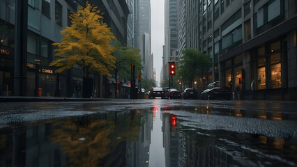 A rainy city street reflects red traffic lights and autumn leaves, creating a serene urban...