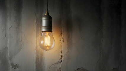 A minimalist scene with a single exposed filament bulb against a textured concrete wall