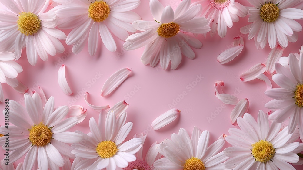 Aufkleber an elegantly simple frame composed of empty petals from white daisy chamomile flowers, arranged on a