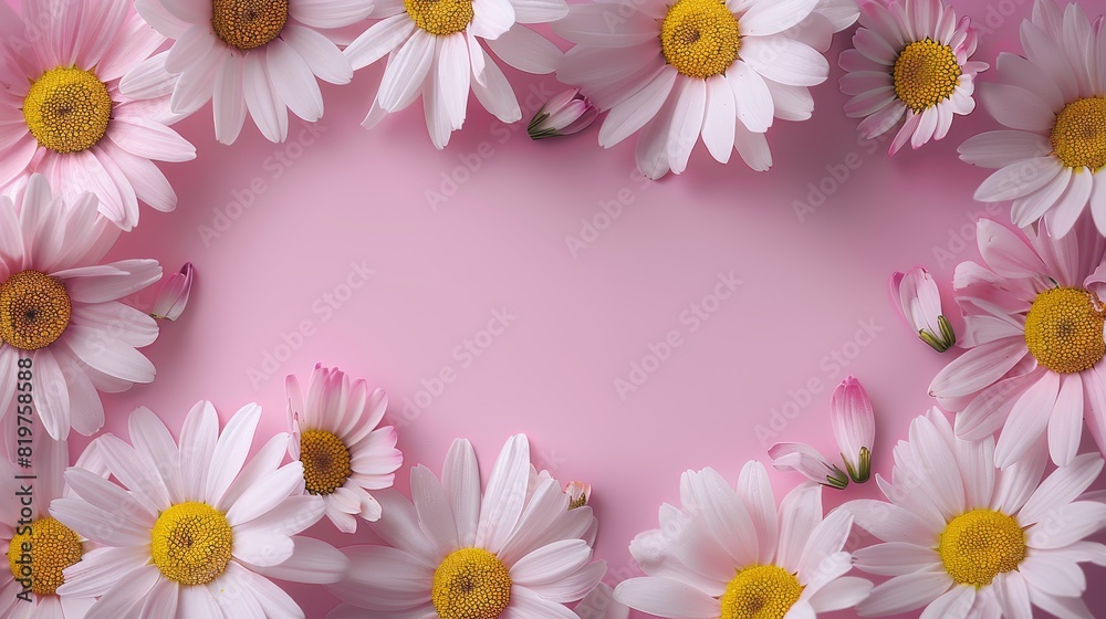 Aufkleber an elegantly simple frame composed of empty petals from white daisy chamomile flowers, arranged on a