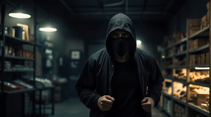 A robber or thief running in the store fully covered in black cloths and mask under dark surroundings and low lightings, Retail Theft,
