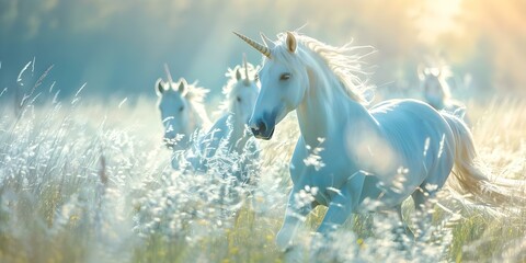 Obraz na płótnie Canvas The Importance of Conserving Grasslands: Unicorns in a Magical Meadow. Concept Biodiversity, Conservation, Ecosystem Services, Habitat Preservation, Endangered Species