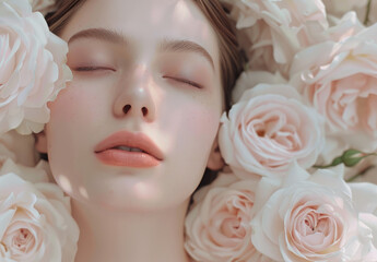advertisement for an organic and natural skincare brand, featuring the model with beautiful eyes surrounded by pink roses.