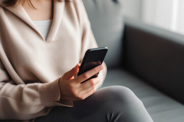 Photo of a young woman using a smartphone at home. using a smartphone at home while relaxing on the sofa, closeup on the hand holding the smartphone. 